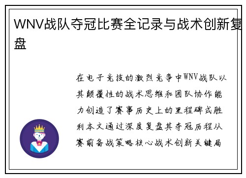 WNV战队夺冠比赛全记录与战术创新复盘