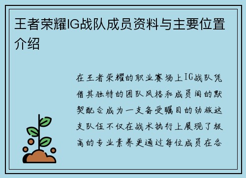 王者荣耀IG战队成员资料与主要位置介绍