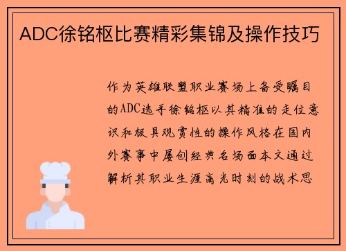 ADC徐铭枢比赛精彩集锦及操作技巧